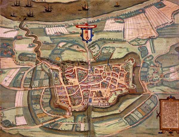 Mapa Stade z „Civitates Orbis Terrarum” Georga Brauna (1541-1622) i Fransa Hogenberga (1535-90) c.1572-1617 (kolorowa rycina) autorstwa Joris (after) Hoefnagel