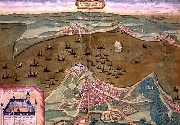Mapa Sund z „Civitates Orbis Terrarum” Georga Brauna (1541-1622) i Fransa Hogenberga (1535-90) c.1572-1617 (kolorowa rycina) autorstwa Joris (after) Hoefnagel