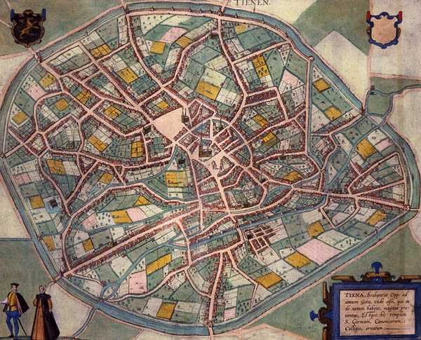 Mapa Tienen z „Civitates Orbis Terrarum” Georga Brauna (1541-1622) i Fransa Hogenberga (1535-90) c.1572-1617 (kolorowa rycina) autorstwa Joris (after) Hoefnagel