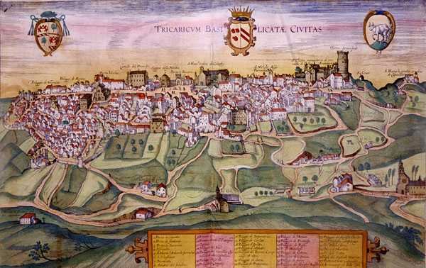 Mapa Tricarico, z „Cities of the World” Georga Brauna (1541-1622) i Fransa Hogenberga (1535-90) c.1572-1617 (kolorowa rycina) autorstwa Joris (after) Hoefnagel