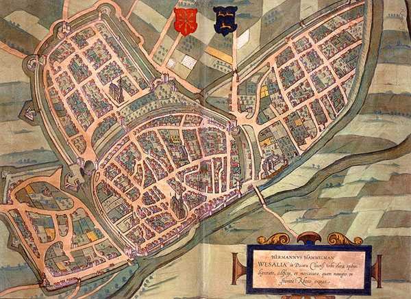 Mapa Wesel z „Civitates Orbis Terrarum” Georga Brauna (1541-1622) i Fransa Hogenberga (1535-90) c.1572-1617 (kolorowa rycina) autorstwa Joris (after) Hoefnagel