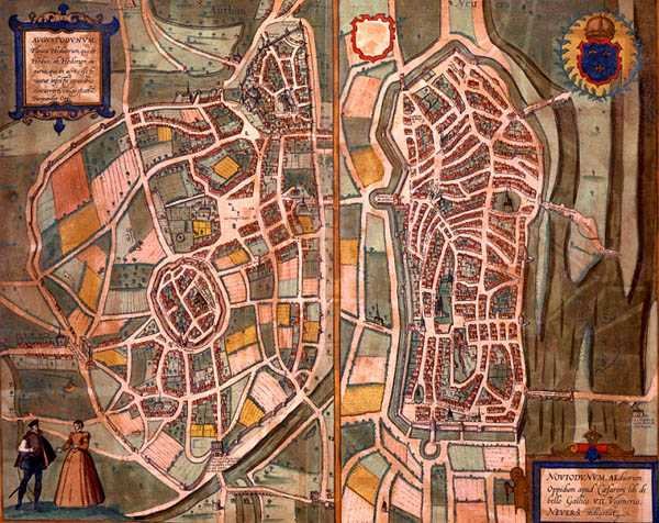 Mapy Autun i Nevers z „Civitates Orbis Terrarum” Georga Brauna (1541-1622) i Fransa Hogenberga (1535-90) c.1572-1617 (kolorowa rycina) autorstwa Joris (after) Hoefnagel