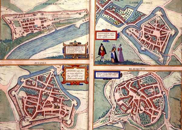 Mapy Charlemont, Landrechies, Avesnes i Beaumont z „Civitates Orbis Terrarum” Georga Brauna (1541-1622) i Fransa Hogenberga (1535-90) c.1572-1617 (kolorowa grawerunek) autorstwa Joris (after) Hoefnagel