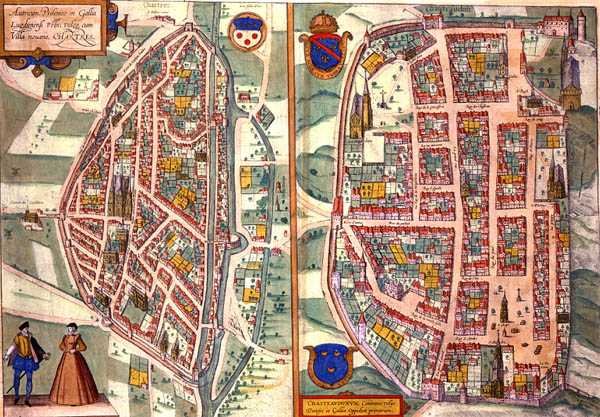 Mapy Chartres i Dunois z „Civitates Orbis Terrarum” Georga Brauna (1541-1622) i Fransa Hogenberga (1535-90) c.1572-1617 (kolorowa rycina) autorstwa Joris (after) Hoefnagel