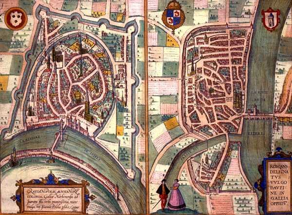 Mapy Grenoble i Romans-sur-Isere z „Civitates Orbis Terrarum” Georga Brauna (1541-1622) i Fransa Hogenberga (1535-90) c.1572-1617 (kolorowa grawerunek) autorstwa Joris (after) Hoefnagel