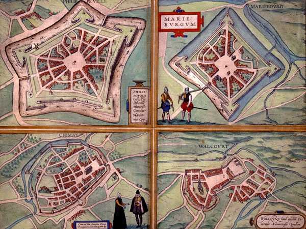 Mapy Philippeville, Mariembourg, Chimay i Walcourt, z „Civitates Orbis Terrarum” Georga Brauna (1541-1622) i Fransa Hogenberga (1535-90) c.1572-1617 (kolorowa grawerunek) autorstwa Joris (after) Hoefnagel