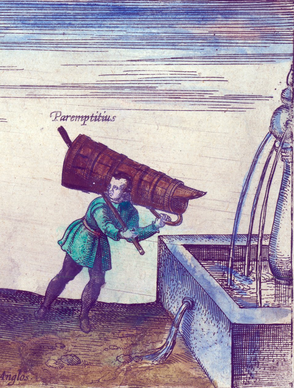 Uczeń pobierający wodę z fontanny, 1598 ręcznie kolorowany miedziany detal 324184 autorstwa Joris Hoefnagel