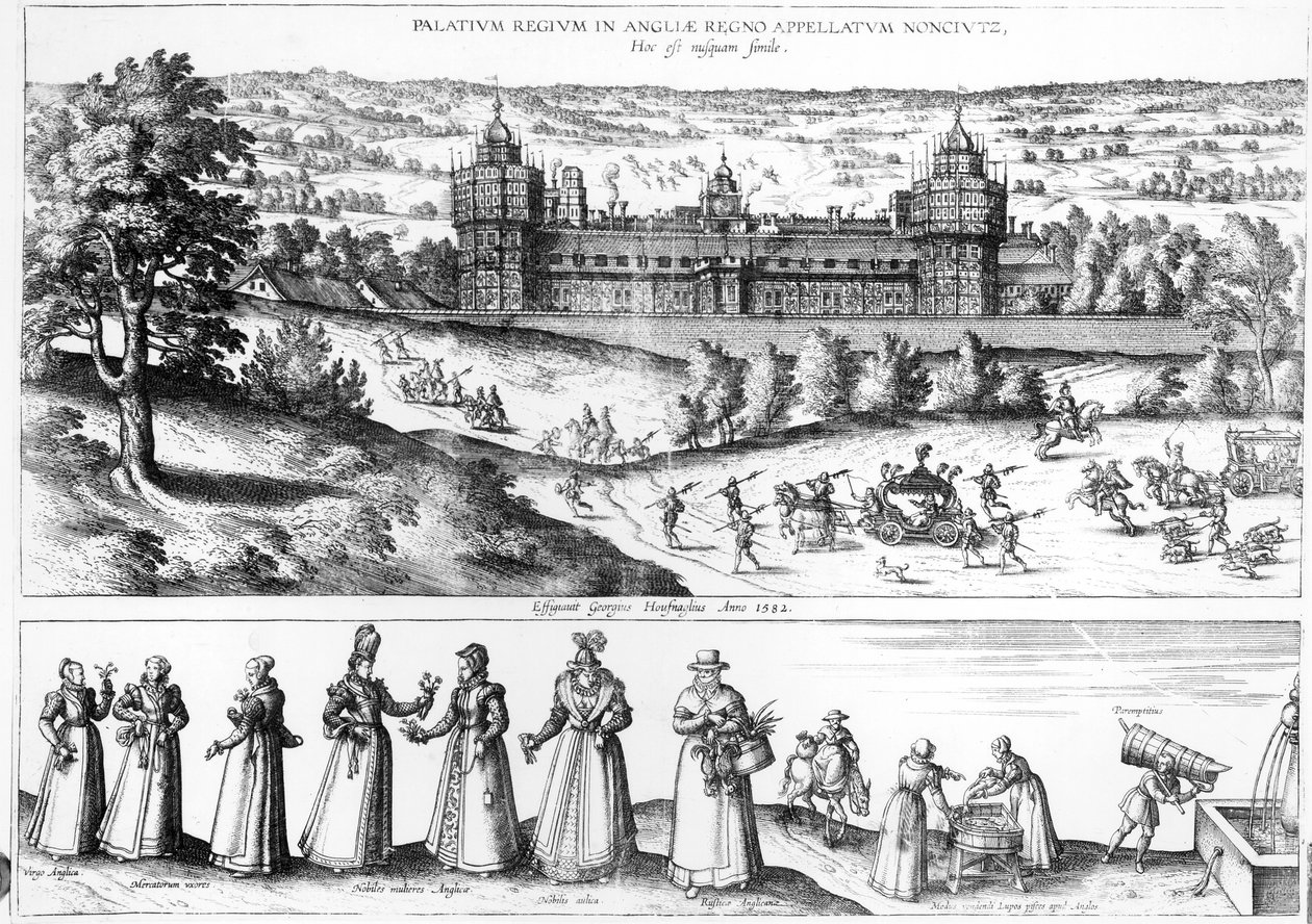 Przybycie królowej Elżbiety I do Pałacu Nonsuch oraz mężczyzn i kobiet ze społeczeństwa Tudorów, 1582 autorstwa Joris Hoefnagel