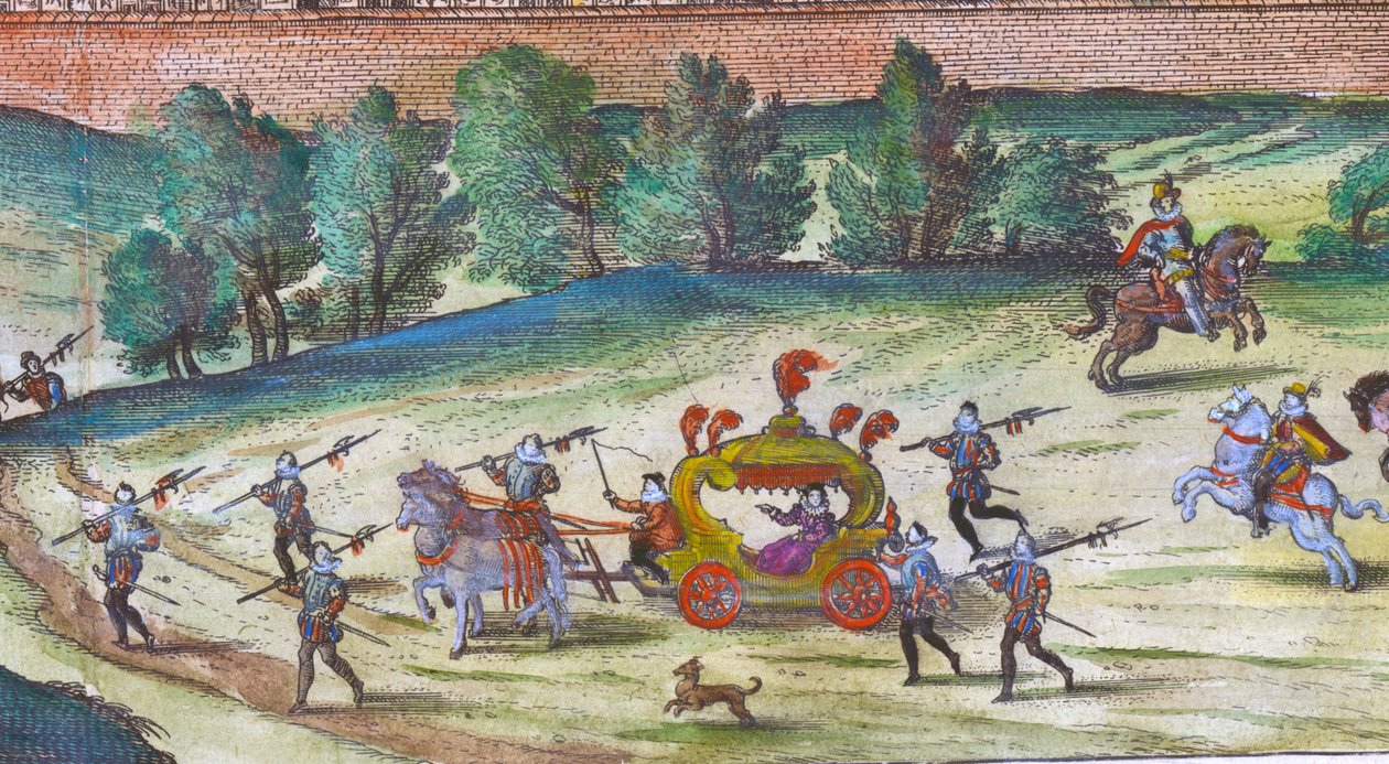 Przybycie królowej Elżbiety I do pałacu Nonesuch z jej dworzanami, strażnikami i psami, 1598 ręcznie kolorowany miedziany detal 324184 autorstwa Joris Hoefnagel