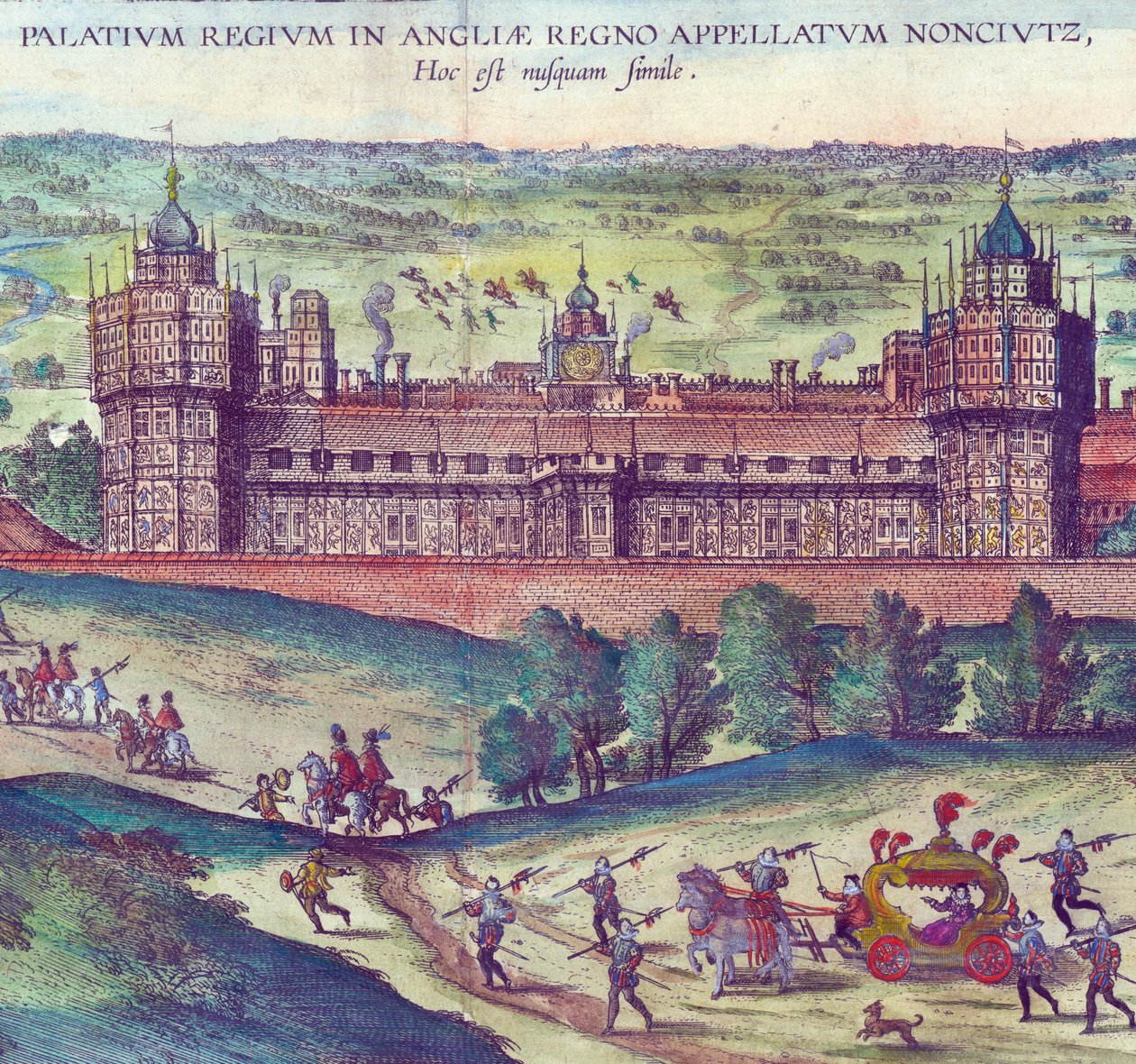 Przybycie królowej Elżbiety I do Pałacu Nonsuch, 1598 ręcznie kolorowany miedziany detal 324184 autorstwa Joris Hoefnagel