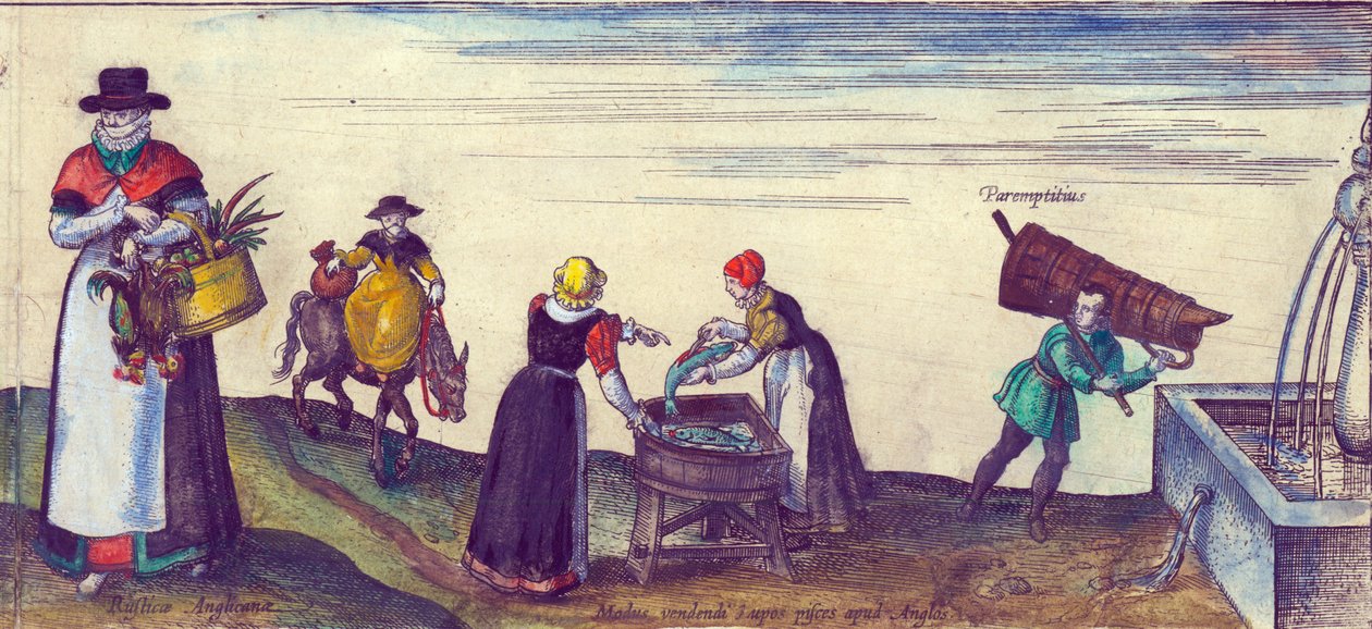 Wieśniacy idący na targ, żony ryb sprzedające szczupaki i uczeń czerpiący wodę z fontanny, 1598 ręcznie kolorowany miedziany detal 324184 autorstwa Joris Hoefnagel