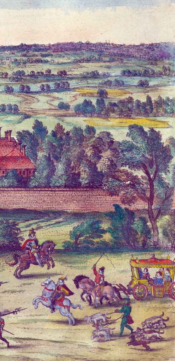 Dworzanie i psy myśliwskie towarzyszące przybyciu królowej Elżbiety I do pałacu Nonsuch, 1598 r. miedzioryt ręcznie kolorowany, detal z 324184 autorstwa Joris Hoefnagel