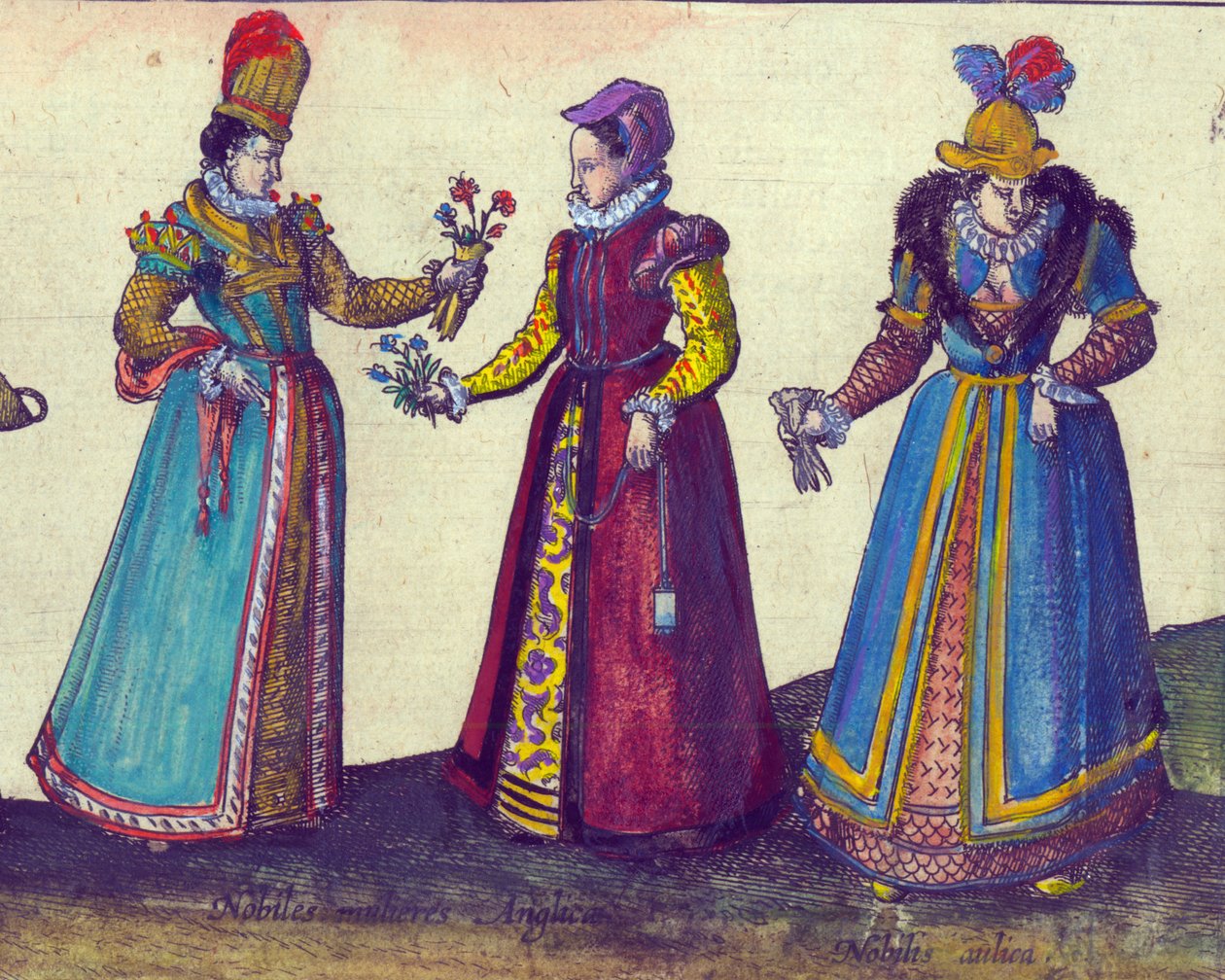 Angielskie kobiety z epoki elżbietańskiej, 1598 ręcznie kolorowany miedzioryt szczegół z 324184 autorstwa Joris Hoefnagel