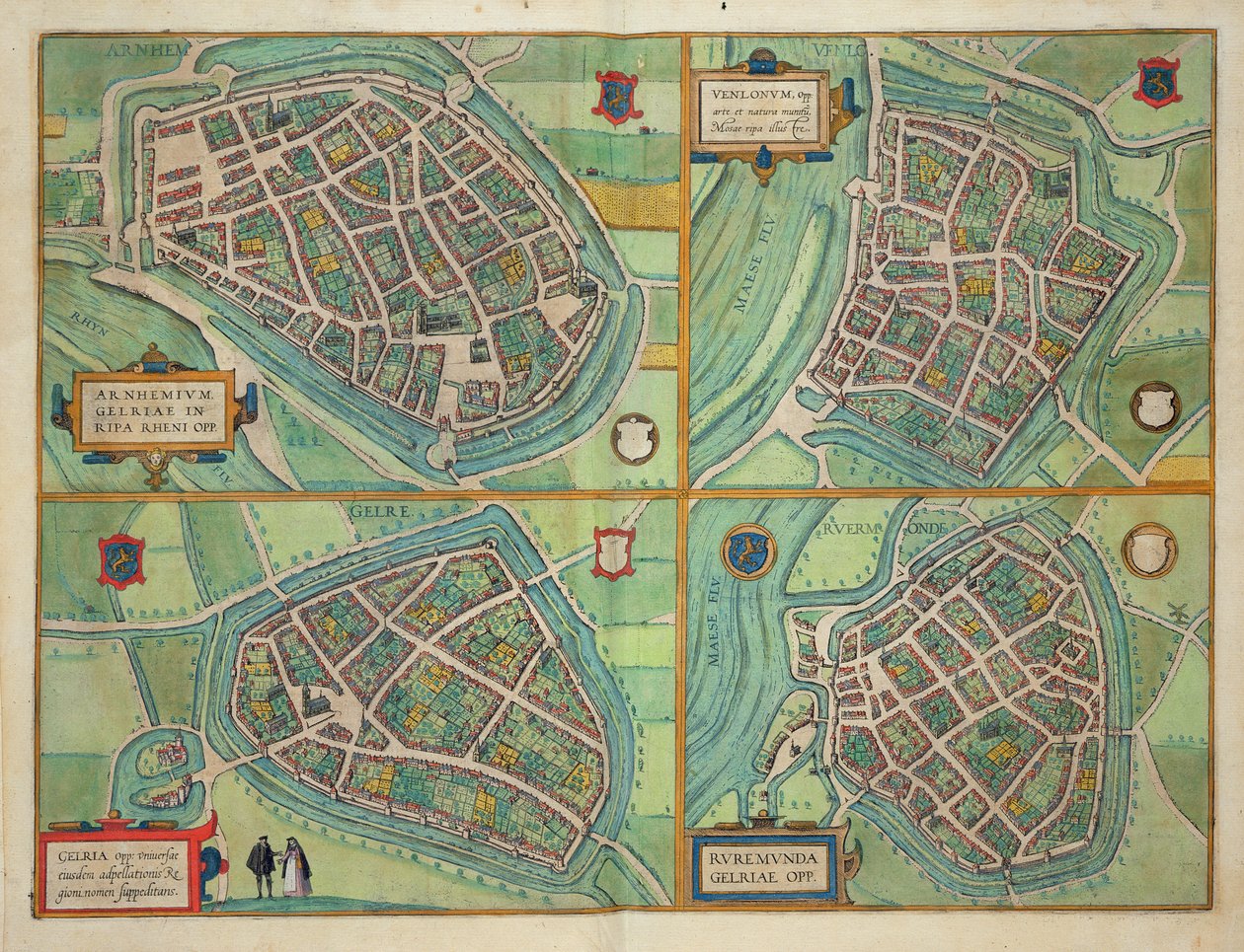 Mapa Arnhem, Velmo, Gelre i Ruerm z „Civitates Orbis Terrarum” Georga Brauna (1541-1622) i Fransa Hogenberga (1535-90) ok. 1572-1617 autorstwa Joris Hoefnagel