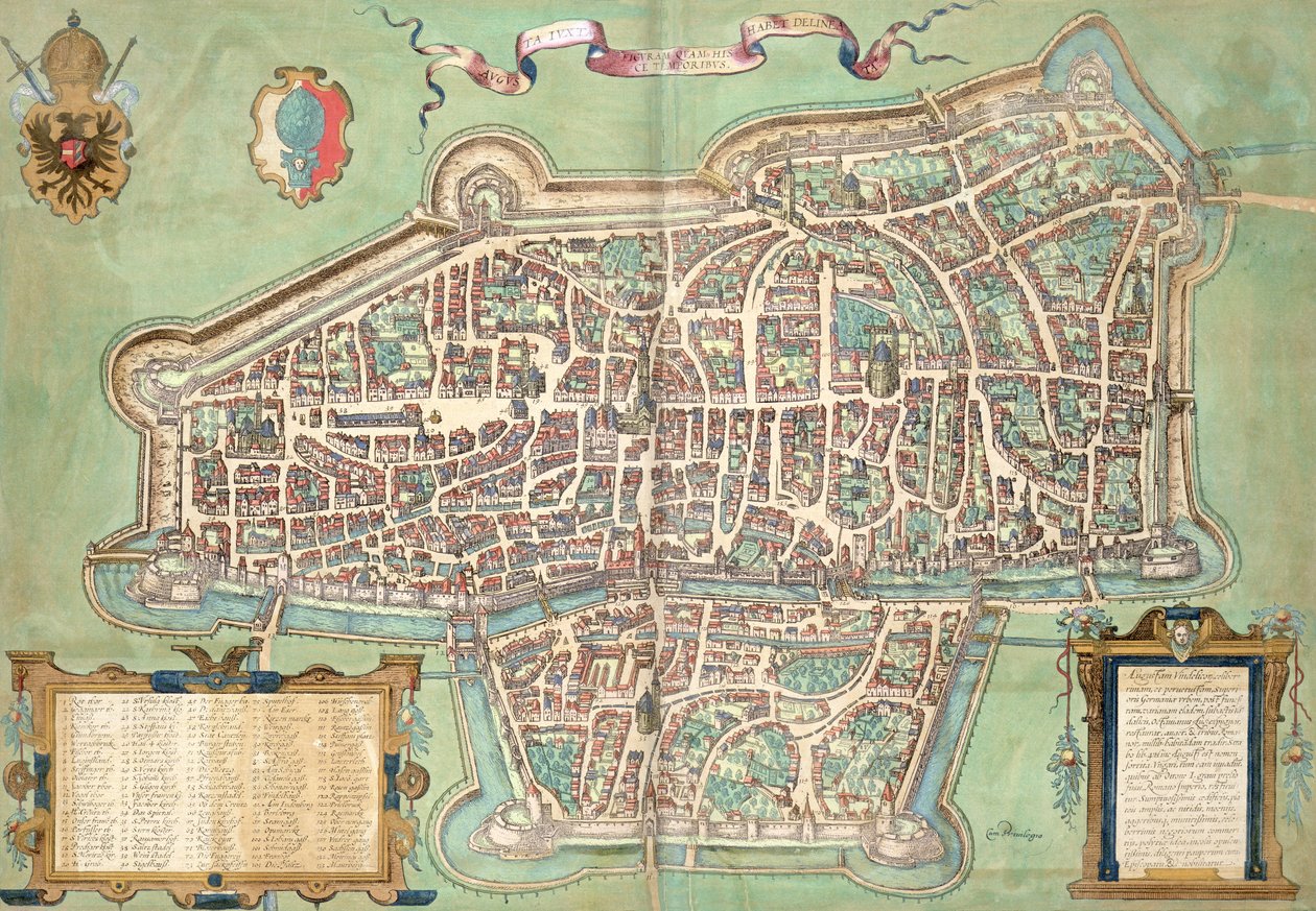 Mapa Augsburga z „Civitates Orbis Terrarum” Georga Brauna (1541-1622) i Fransa Hogenberga (1535-90), ok.1572 autorstwa Joris Hoefnagel