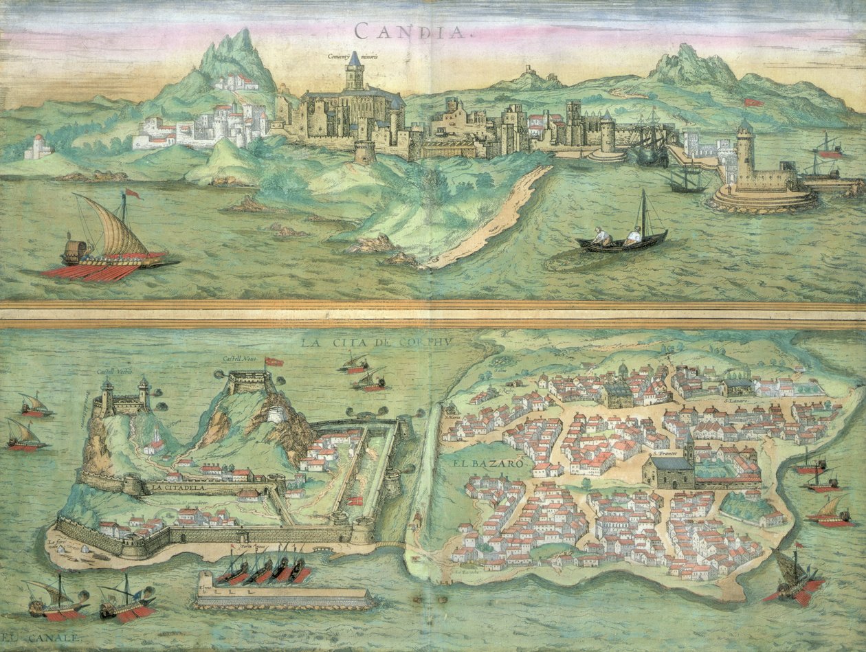 Mapa Candii i Korfu, z „Civitates Orbis Terrarum” Georga Brauna (1541-1622) i Fransa Hogenberga (1535-90), ok. 1572 autorstwa Joris Hoefnagel