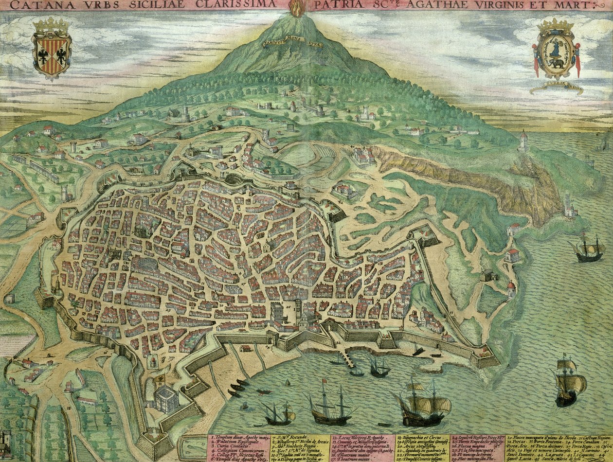 Mapa Katanii, z "Civitates Orbis Terrarum" autorstwa Georga Brauna (1541-1622) i Fransa Hogenberga (1535-90), ok. 1572 r. autorstwa Joris Hoefnagel