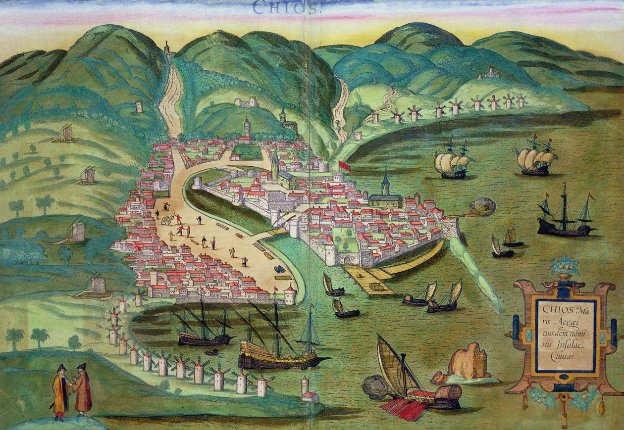 Mapa Chios, z „Civitates Orbis Terrarum” Georga Brauna (1541-1622) i Fransa Hogenberga (1535-90) c.1572-1617 autorstwa Joris Hoefnagel