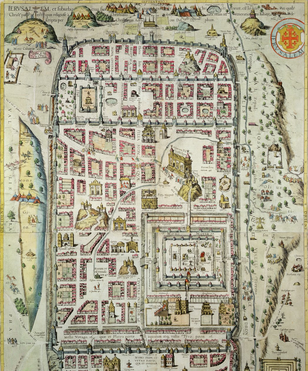 Mapa Jerozolimy i okolic, z „Civitates Orbis Terrarum” autorstwa Georga Brauna (1541-1622) i Fransa Hogenberga (1535-90) c.1572-1617 (zob. 138906) autorstwa Joris Hoefnagel