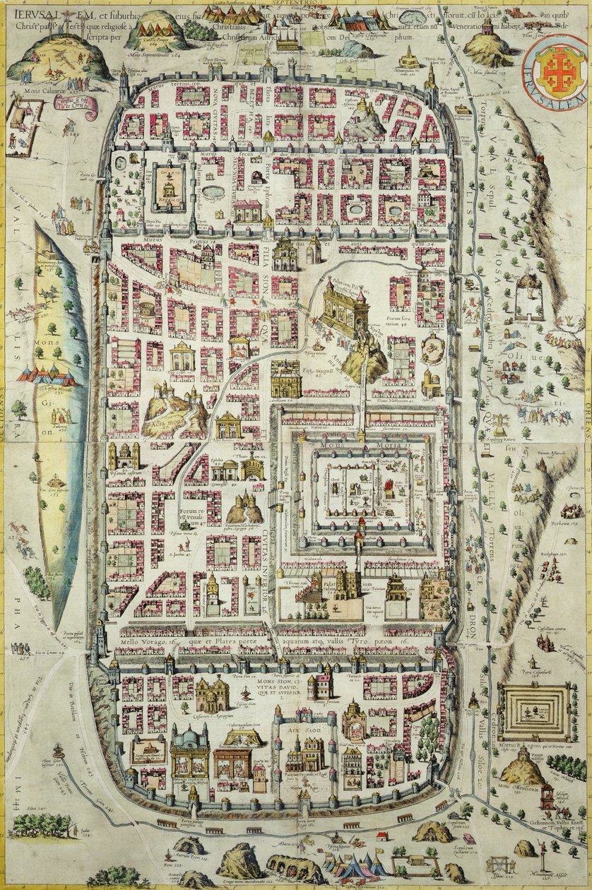 Mapa Jerozolimy i okolic, z „Civitates Orbis Terrarum” Georga Brauna (1541-1622) i Fransa Hogenberga (1535-90) c.1572-1617 (zob. 138905-96) autorstwa Joris Hoefnagel