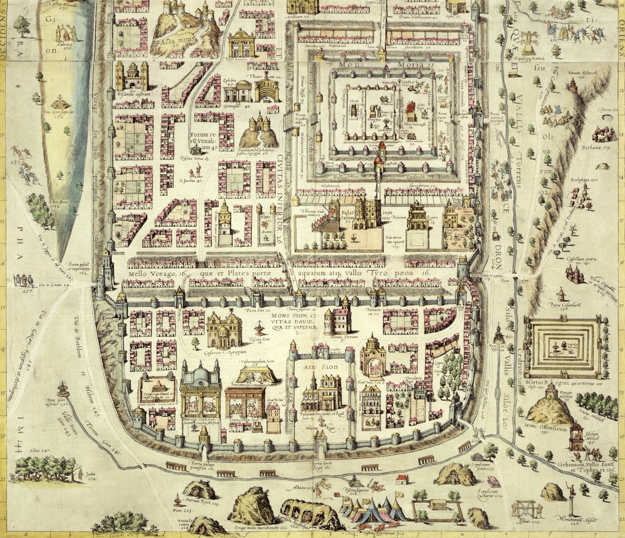 Mapa Jerozolimy i okolic, z „Civitates Orbis Terrarum” Georga Brauma (1541-1622) i Fransa Hogenberga (1535-90) c.1572-1617 (zob. 138905) autorstwa Joris Hoefnagel