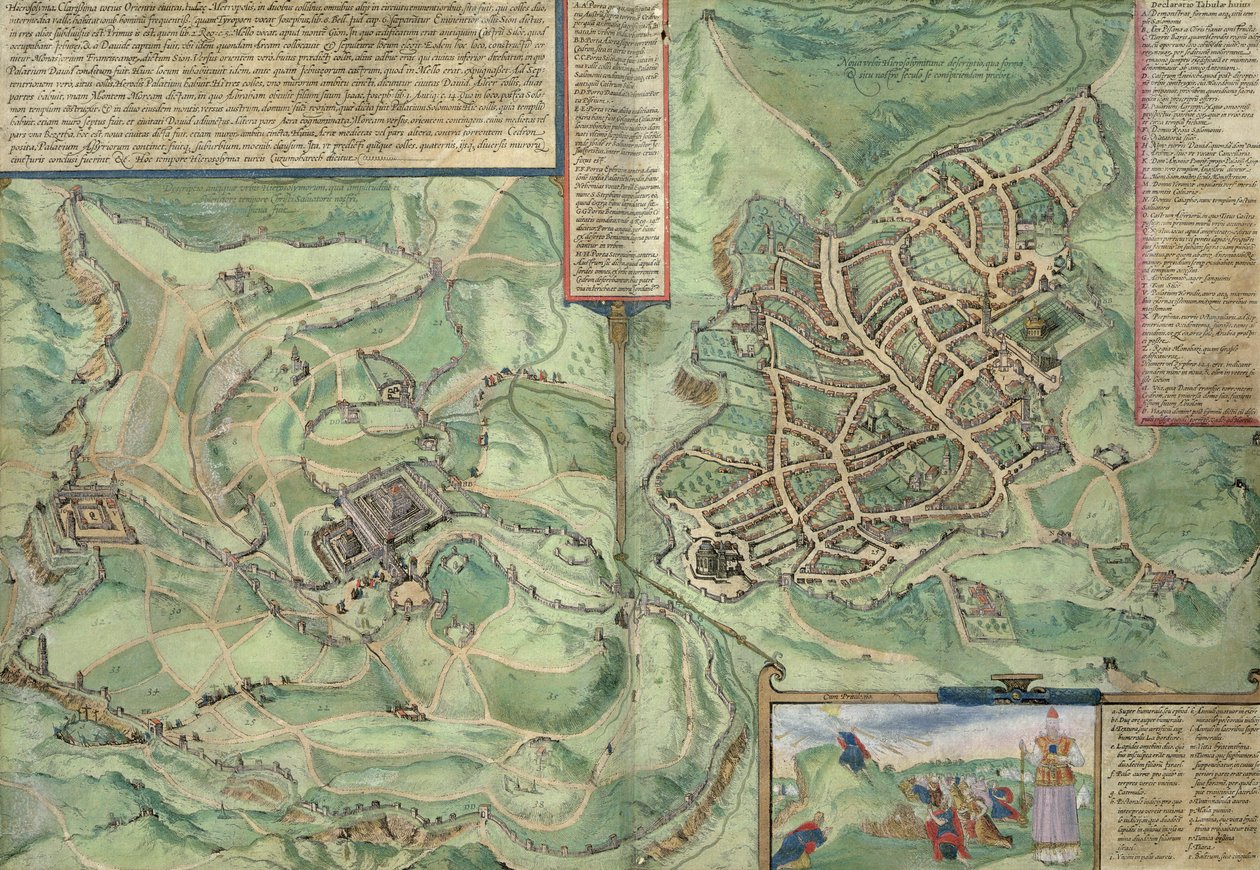 Mapa Jerozolimy, z "Civitates Orbis Terrarum" autorstwa Georga Brauna (1541-1622) i Fransa Hogenberga (1535-90), ok. 1572 r. autorstwa Joris Hoefnagel