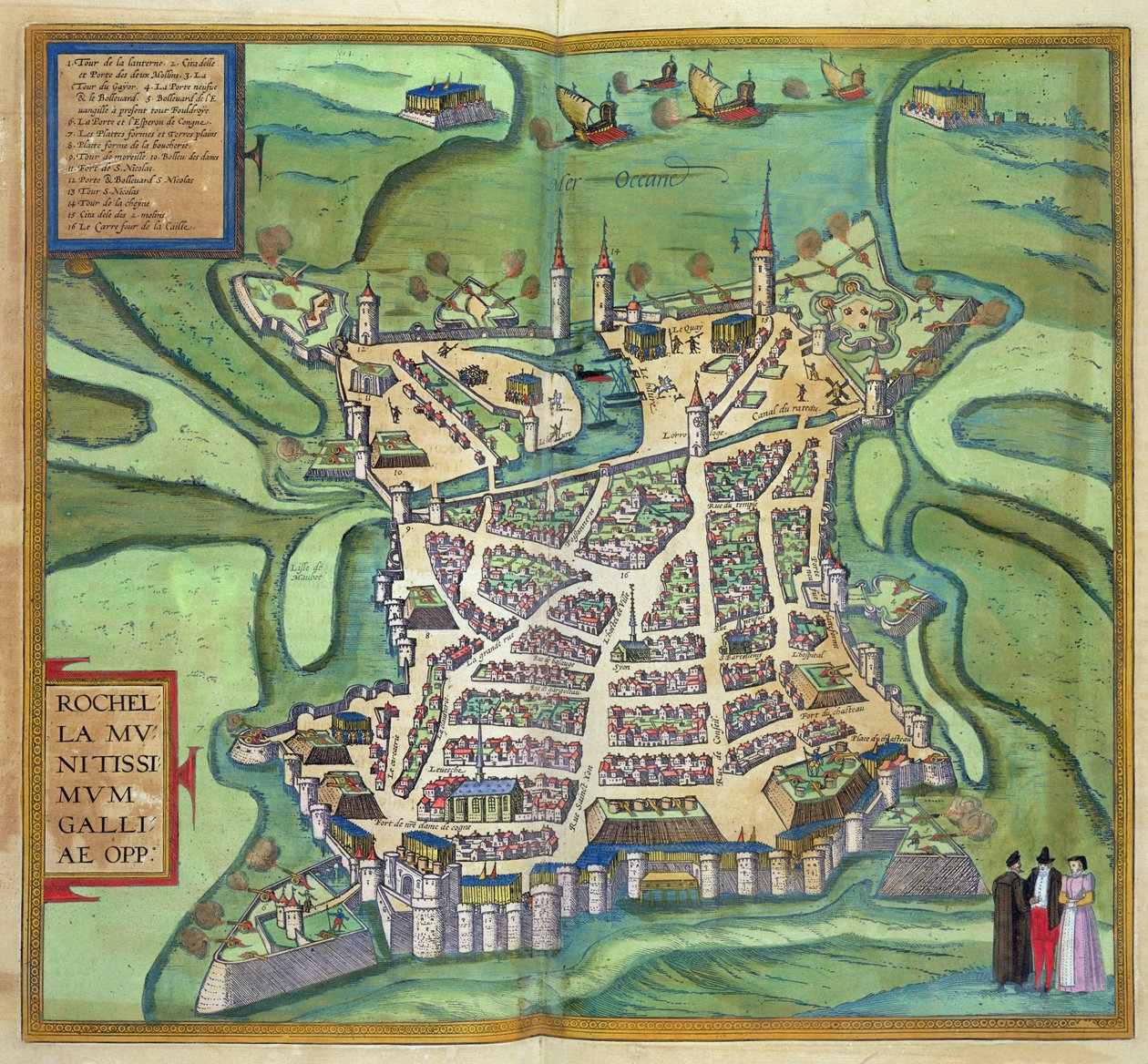 Mapa La Rochelle z „Civitates Orbis Terrarum” Georga Brauna (1541-1622) i Fransa Hogenberga, ok. 1572 (kolorowe grawerowanie) autorstwa Joris Hoefnagel