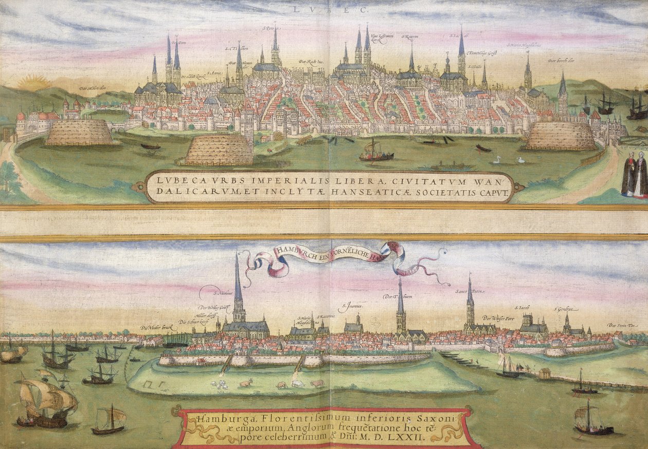 Mapa Lubeki i Hamburga, z "Civitates Orbis Terrarum" Georga Brauna (1541-1622) i Fransa Hogenberga (1535-90), ok. 1572 (rycina kolorowa) autorstwa Joris Hoefnagel