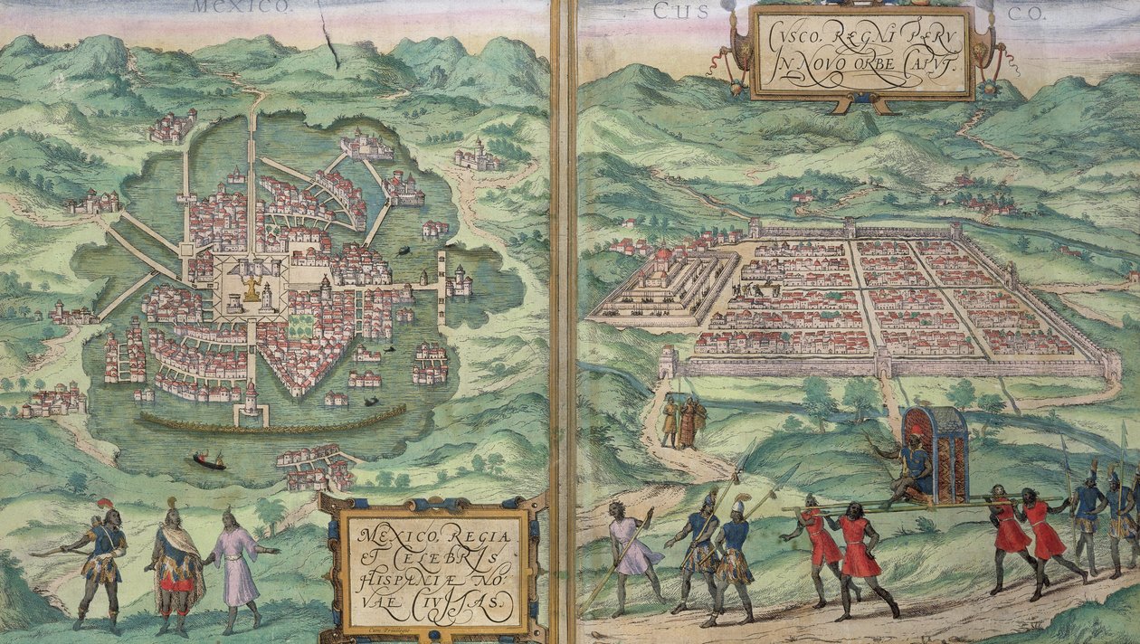 Mapa Meksyku i Cuzco z „Civitates Orbis Terrarum” Georga Brauna (1541-1622) i Fransa Hogenberga (1535-90), ok. 1572 autorstwa Joris Hoefnagel