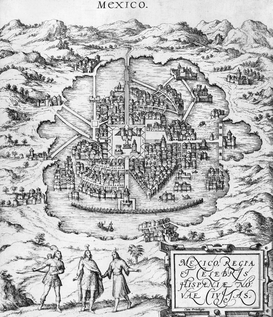 Mapa Meksyku, ilustracja z „Civitates Orbis Terrarum” Georga Brauna (1541-1622) i Fransa Hogenberga (1535-90) c.1572 autorstwa Joris Hoefnagel