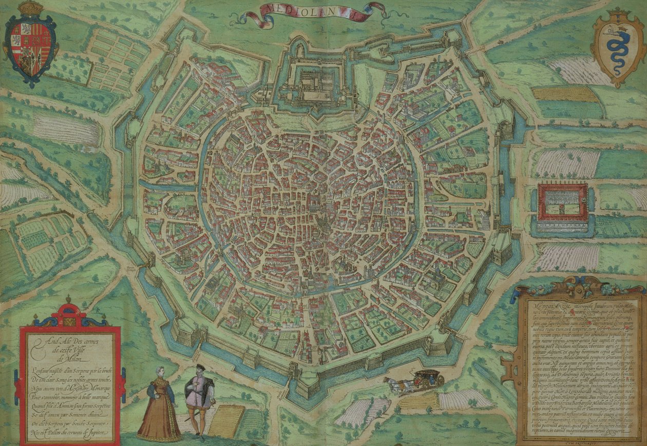 Mapa Mediolanu z „Civitates Orbis Terrarum” Georga Brauna (1541-1622) i Fransa Hogenburga (1535-90), ok.1572 autorstwa Joris Hoefnagel
