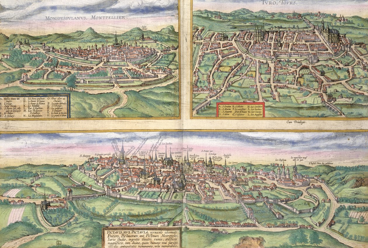 Mapa Montpellier, Tours i Poitiers, z „Civitates Orbis Terrarum” Georga Brauna (1541-1622) i Fransa Hogenberga (1535-90), ok. 1572 autorstwa Joris Hoefnagel