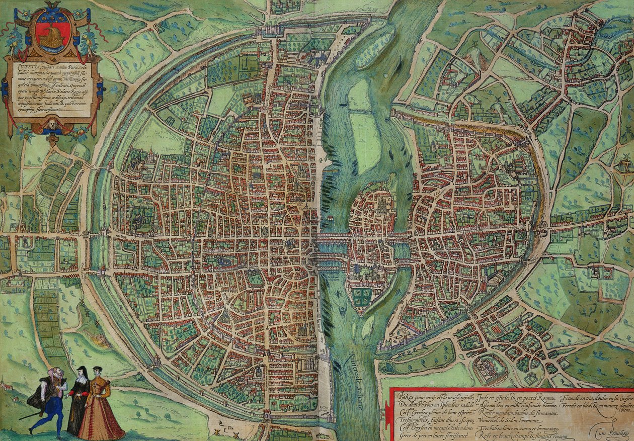 Mapa Paryża z „Civitates Orbis Terrarum” Georga Brauna (1541-1622) i Fransa Hogenberga (1535-90), ok.1572 (kolorystyka) autorstwa Joris Hoefnagel
