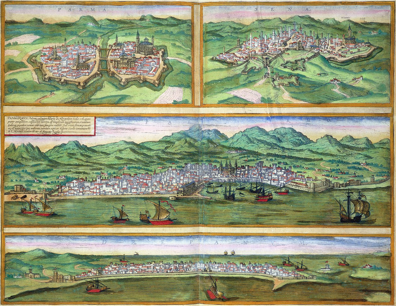 Mapa Parmy, Sieny, Palermo i Trapani z „Cities of the World” Georga Brauna (1541-1622) i Fransa Hogenberga (1535-90), ok. 1572 autorstwa Joris Hoefnagel