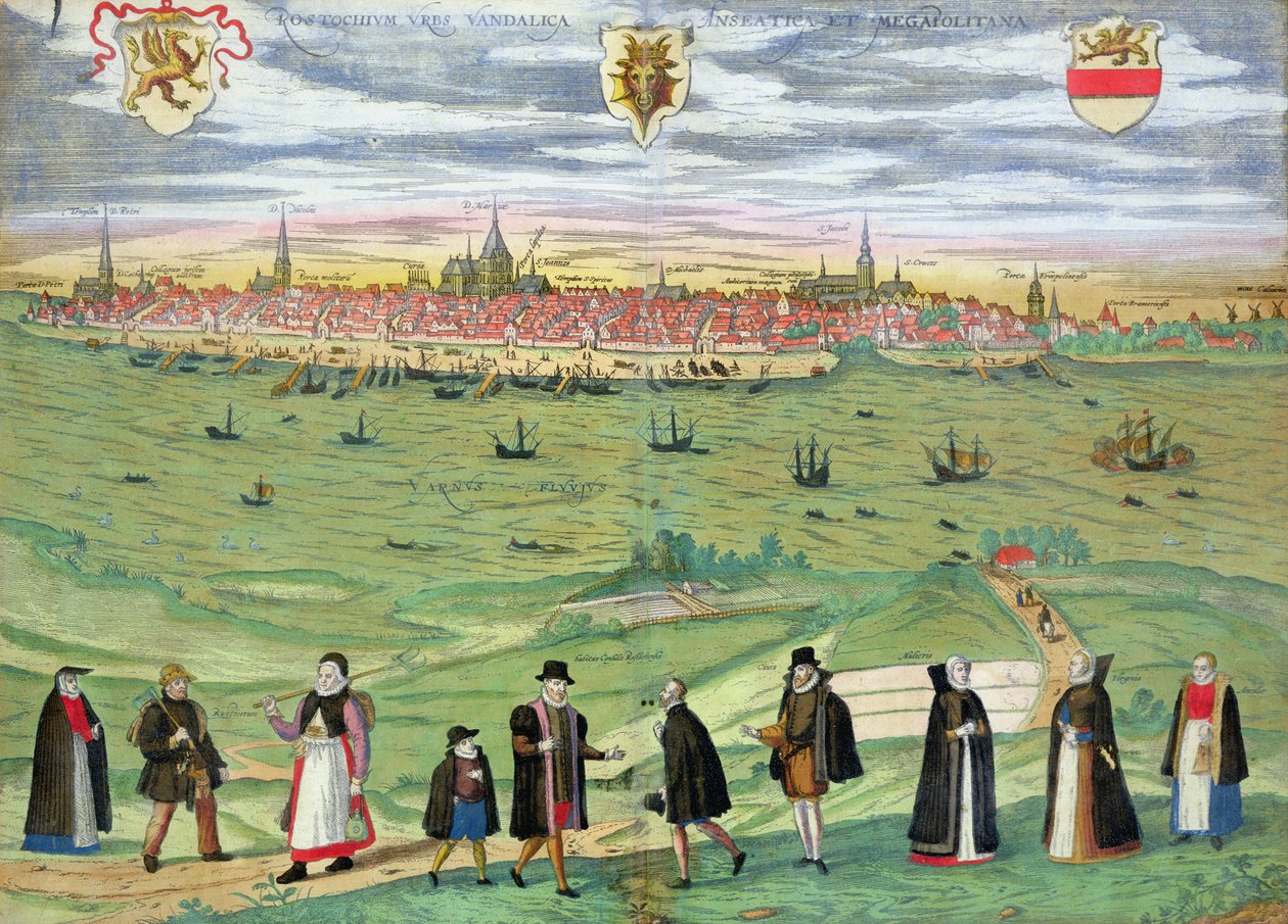 Mapa Rostocku, z „Civitates Orbis Terrarum” Georga Brauna (1541-1622) i Fransa Hogenberga (1535-90) c.1572-1617 autorstwa Joris Hoefnagel