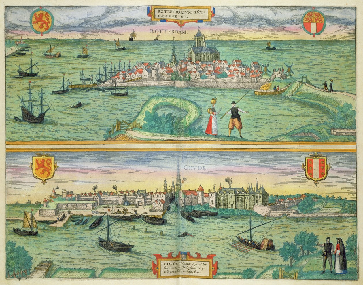 Mapa Rotterdamu i Goudy z „Civitates Orbis Terrarum” Georga Brauna (1541-1622) i Fransa Hogenberga (1535-90) c.1572-1617 autorstwa Joris Hoefnagel