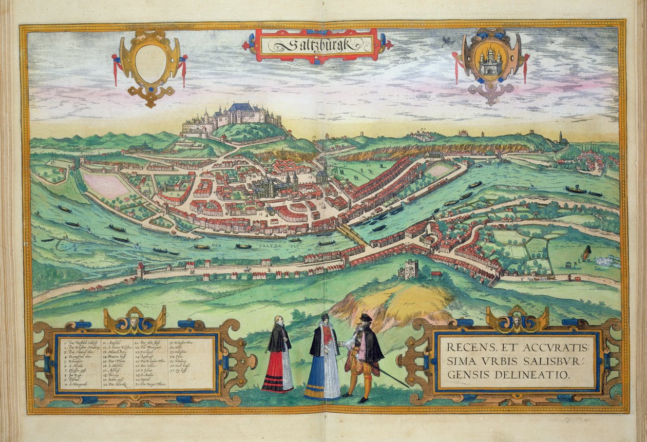 Mapa Salzburga z „Civitates Orbis Terrarum” Georga Brauna (1541-1622) i Fransa Hogenberga (1535-90) c.1572-1617 autorstwa Joris Hoefnagel