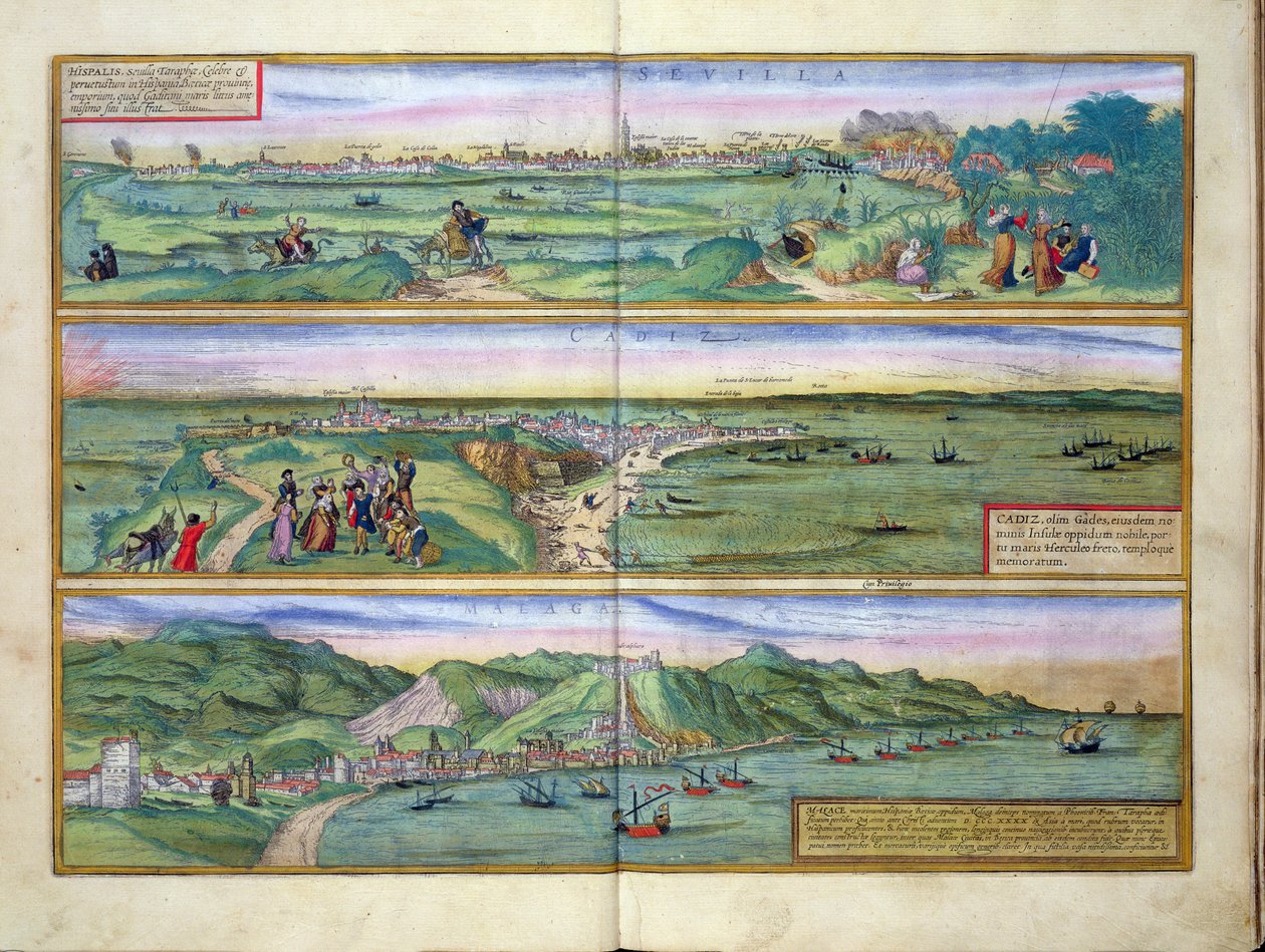 Mapa Sewilli, Kadyksu i Malagi z „Civitates Orbis Terrarum” Georga Brauna (1541-1622) i Fransa Hogenberga (1535-90), ok. 1572 autorstwa Joris Hoefnagel