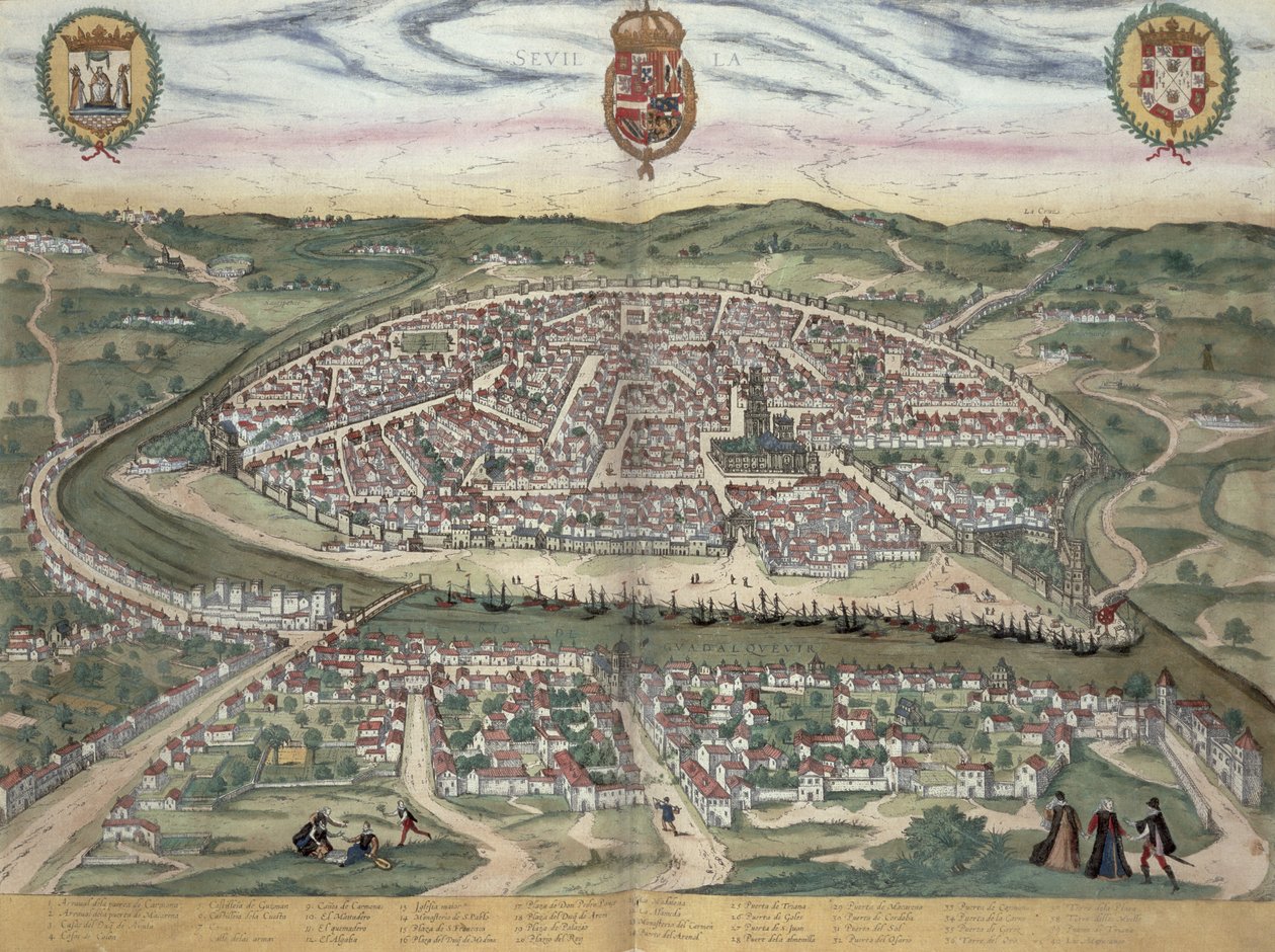 Mapa Sewilli, z "Civitates Orbis Terrarum" autorstwa Georga Brauna (1541-1622) i Fransa Hogenberga (1535-90) ok. 1572-1617 autorstwa Joris Hoefnagel