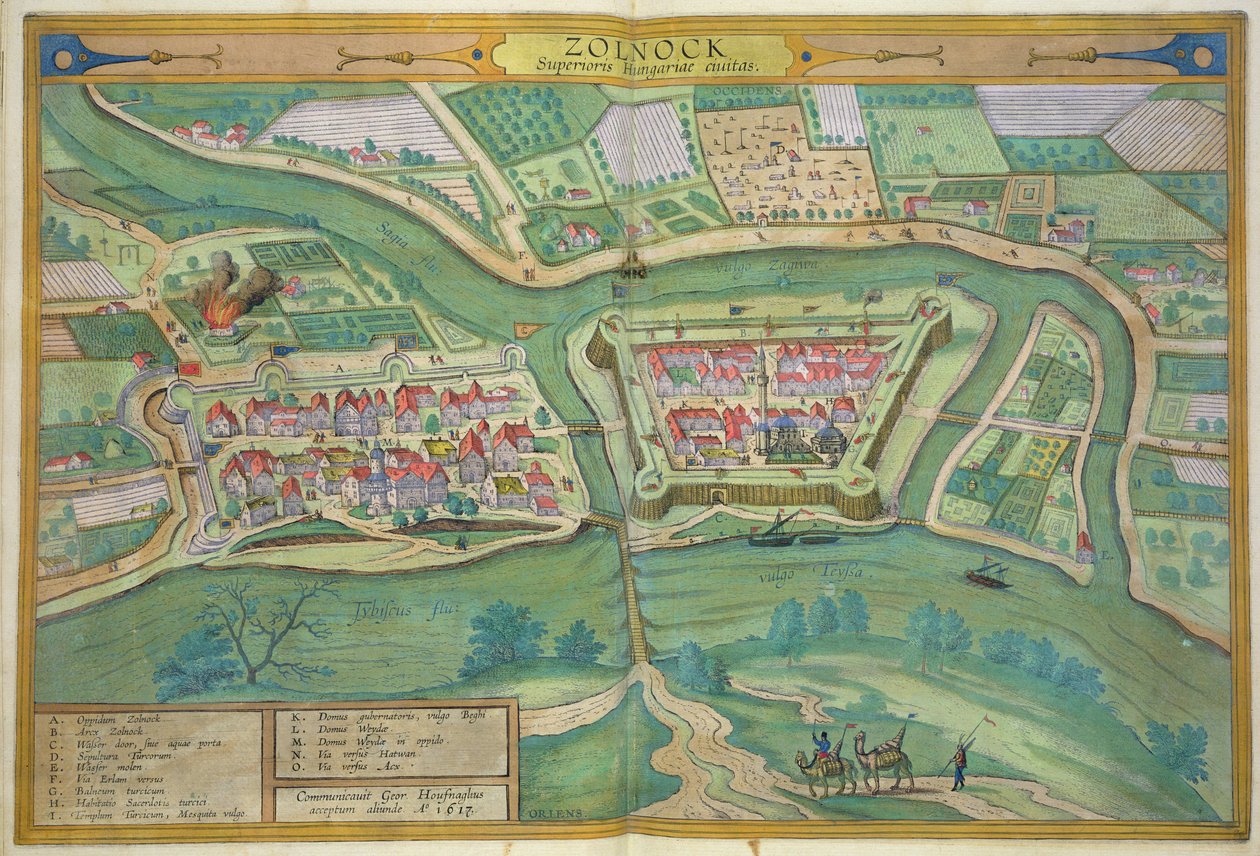 Mapa Szolnok, z "Civitates Orbis Terrarum" Georga Brauna (1541-1622) i Fransa Hogenberga (1535-90) 1617 autorstwa Joris Hoefnagel