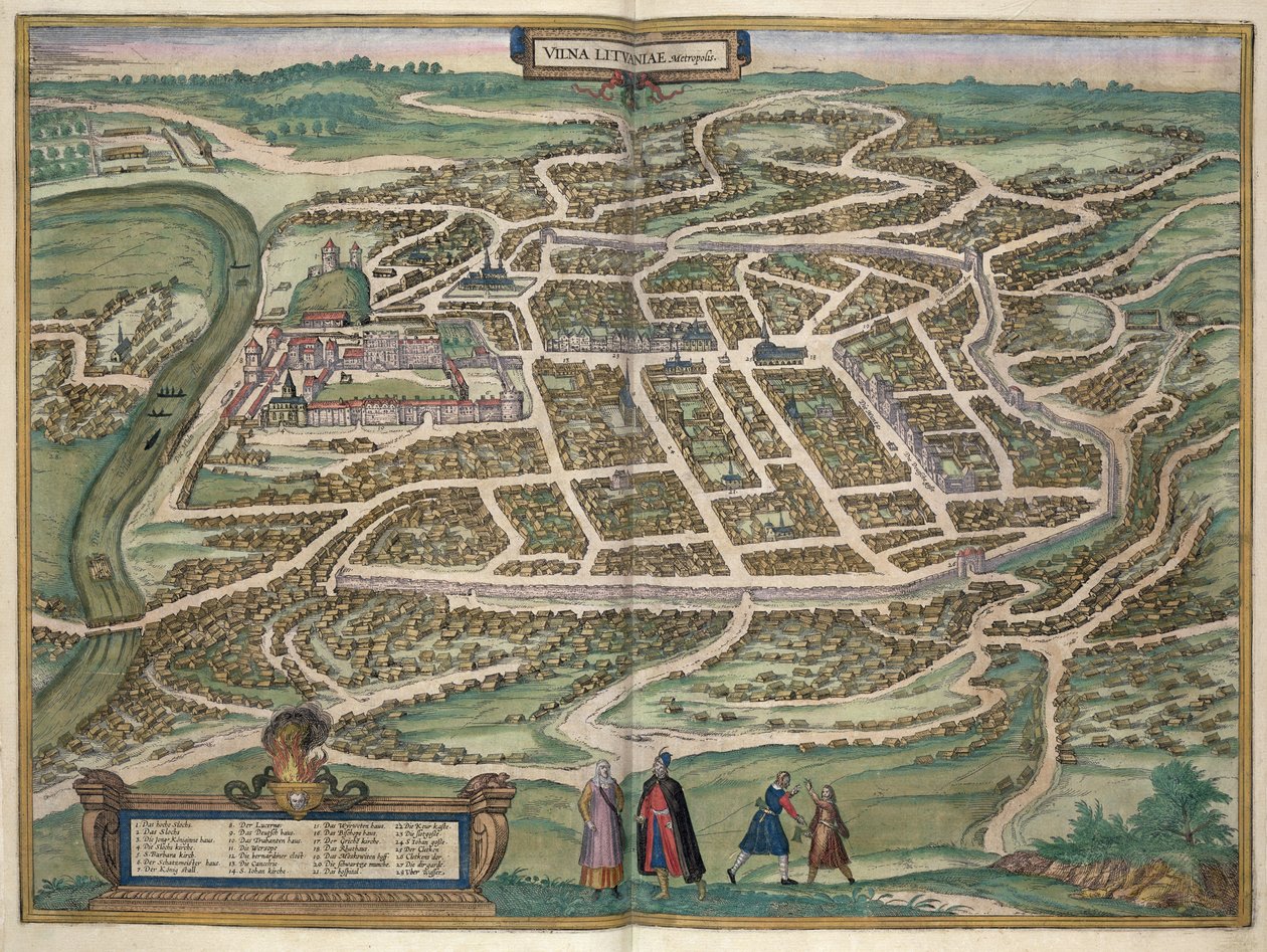 Mapa Wilna, Litwa, z „Miast świata” Georga Brauna (1541-1622) i Fransa Hogenberga (1535-90) c.1572-1617 autorstwa Joris Hoefnagel