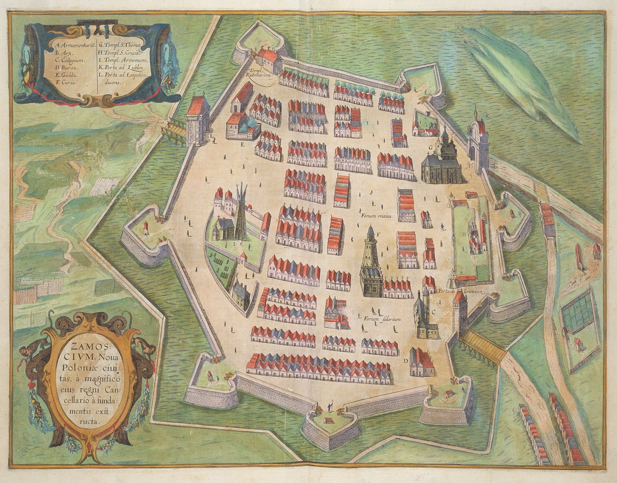 Mapa Zamościa z „Civitates Orbis Terrarum” Georga Brauna (1541-1622) i Fransa Hogenberga (1535-90) c.1572-1617 autorstwa Joris Hoefnagel