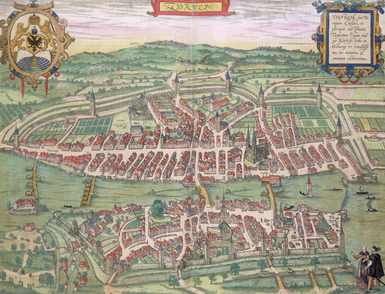 Mapa Zurychu z „Civitates Orbis Terrarum” Georga Brauna (1541-1622) i Fransa Hogenberga (1535-90) c.1572-1617 autorstwa Joris Hoefnagel