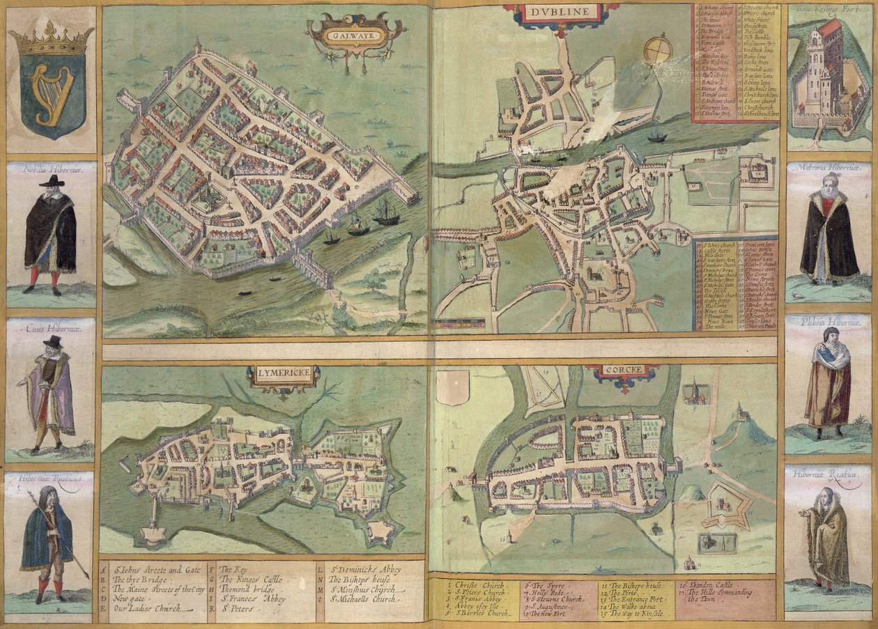 Mapy Galway, Dublina, Limerick i Cork, z "Civitates Orbis Terrarum" Georga Brauna (1541-1622) i Fransa Hogenberga (1535-90), ok. 1573 r. autorstwa Joris Hoefnagel