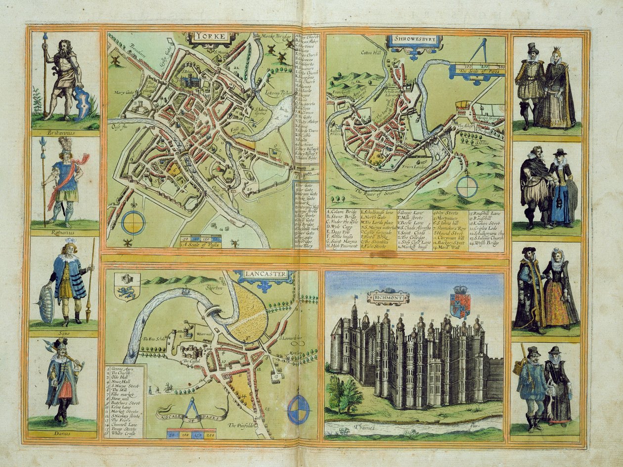 Mapy Yorku, Shrewsbury, Lancaster i Richmond, z „Civitates Orbis Terrarum” Georga Brauna (1541-1622) i Fransa Hogenberga (1535-90) c.1572-1617 autorstwa Joris Hoefnagel