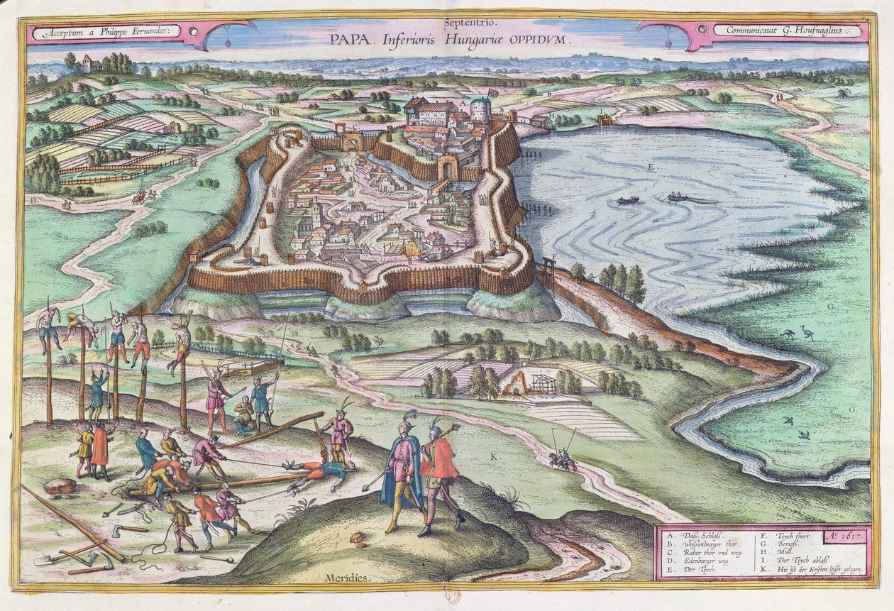 Węgierski fort Papa w czasie osmańskich oblężeń, z „Le Theatre du Monde” Georga Brauna (1541-1622) opublikowany w Kolonii 1572-1618, 1617 autorstwa Joris Hoefnagel