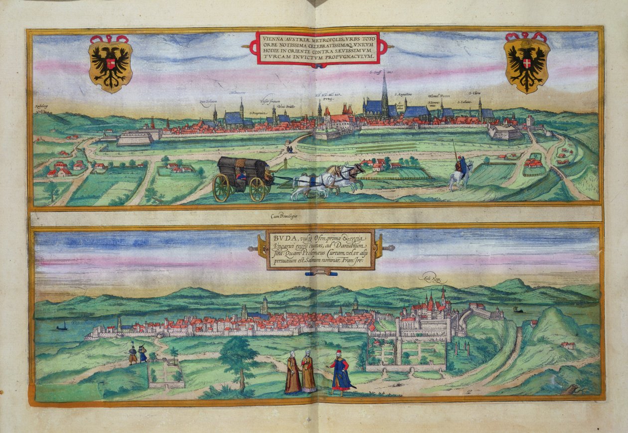 Plan miasta Wiednia i Budy, z „Civitates Orbis Terrarum” Georga Brauna (1541-1622) i Fransa Hogenberga (1535-90), ok.1572 autorstwa Joris Hoefnagel