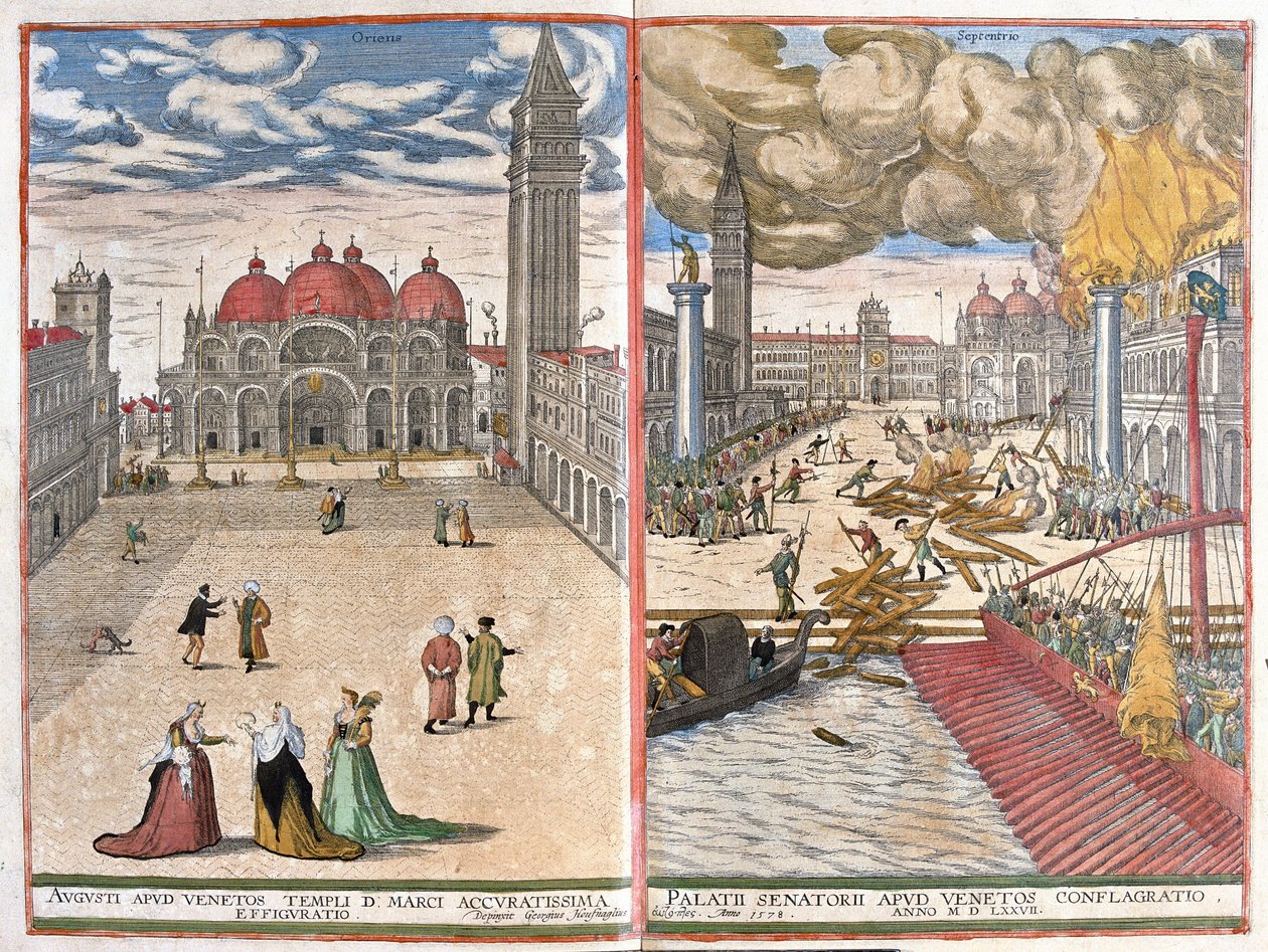 Wenecja, Włochy: kościół św. Marka i pożar pałacu weneckich Dożów w 1577 r. (rysunek autorstwa Joris Hoefnagel