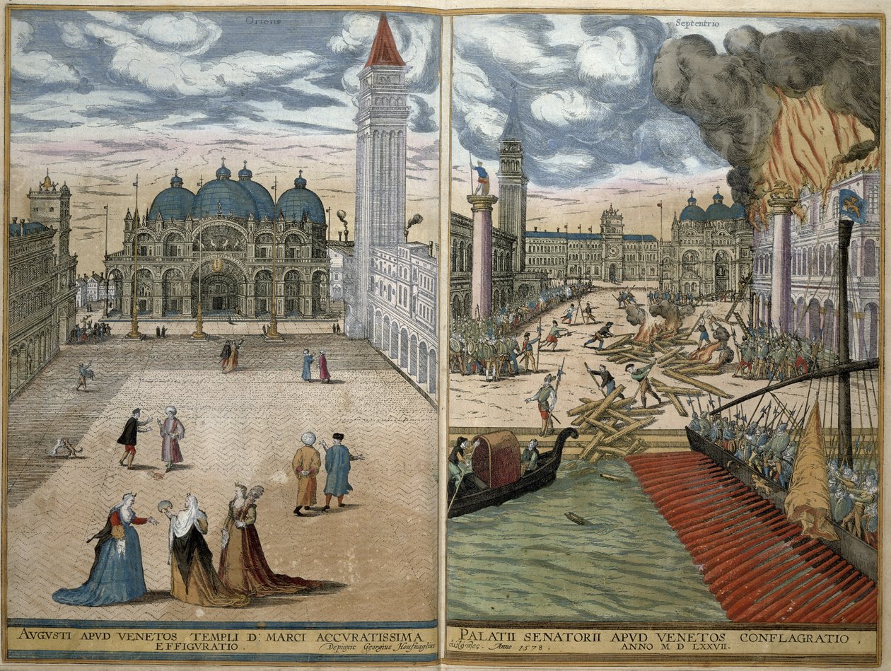 Widok na San Marco i Palazzo Ducale w ogniu, z "Civitates Orbis Terrarum" Georga Brauna (1541-1622) i Fransa Hogenberga (1535-90) 1578 autorstwa Joris Hoefnagel