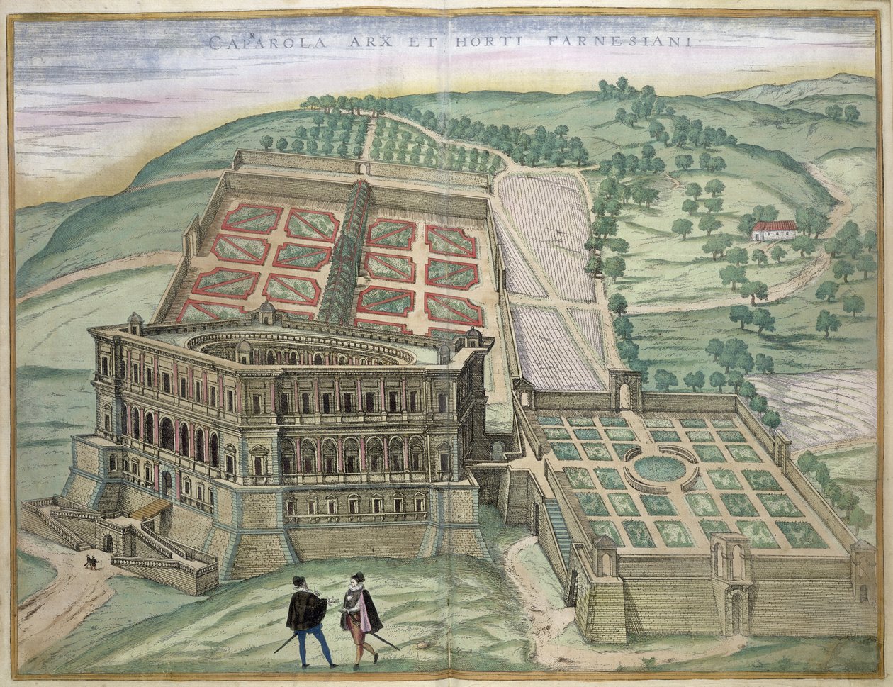 Widok na Willę Farnese i ogrody, z "Civitates Orbis Terrarum" Georga Brauna (1541-1622) i Fransa Hogenberga (1535-90) c,1572-1617 autorstwa Joris Hoefnagel